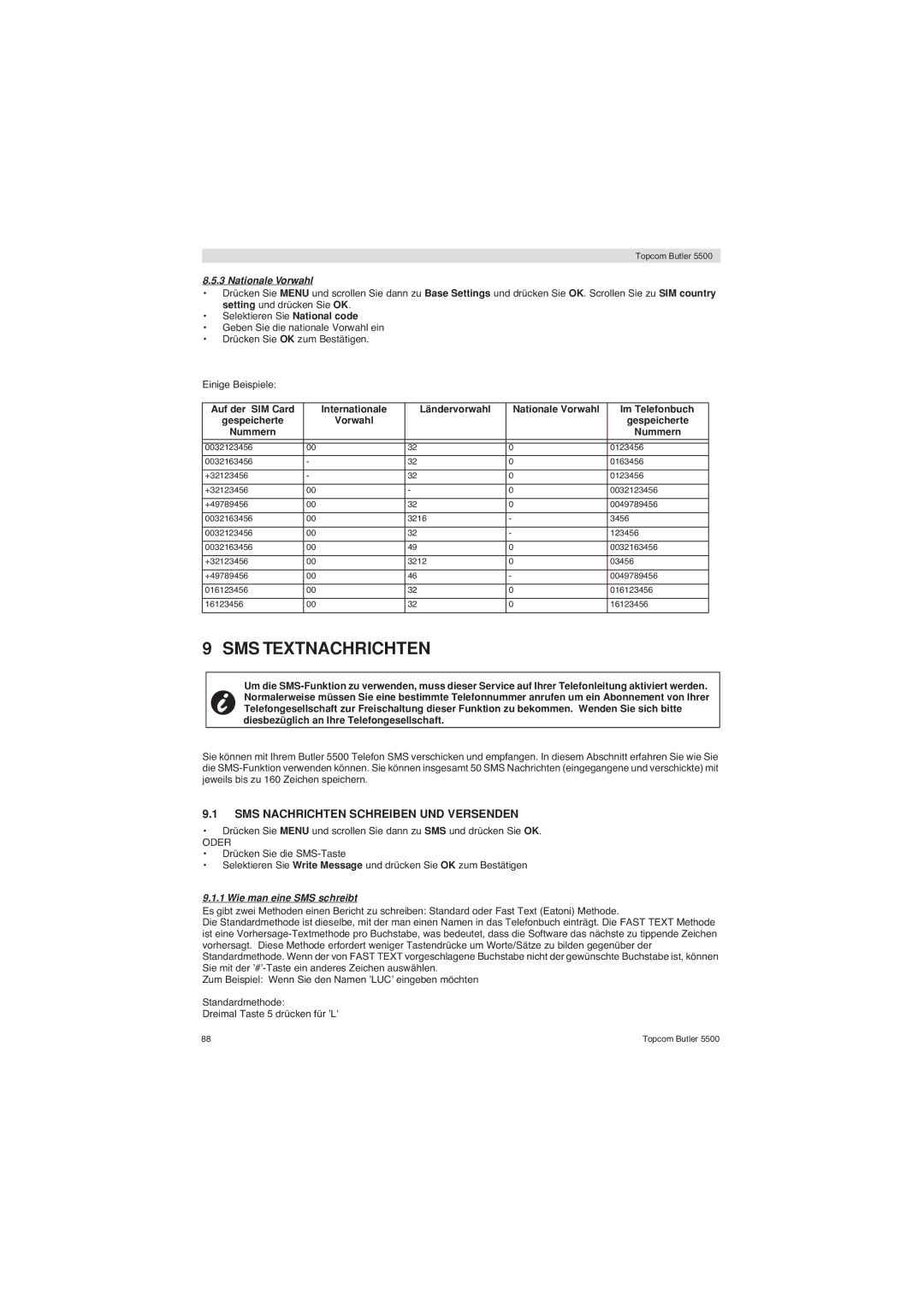 Topcom 5500 SMS Textnachrichten, SMS Nachrichten Schreiben UND Versenden, Nationale Vorwahl, Wie man eine SMS schreibt 