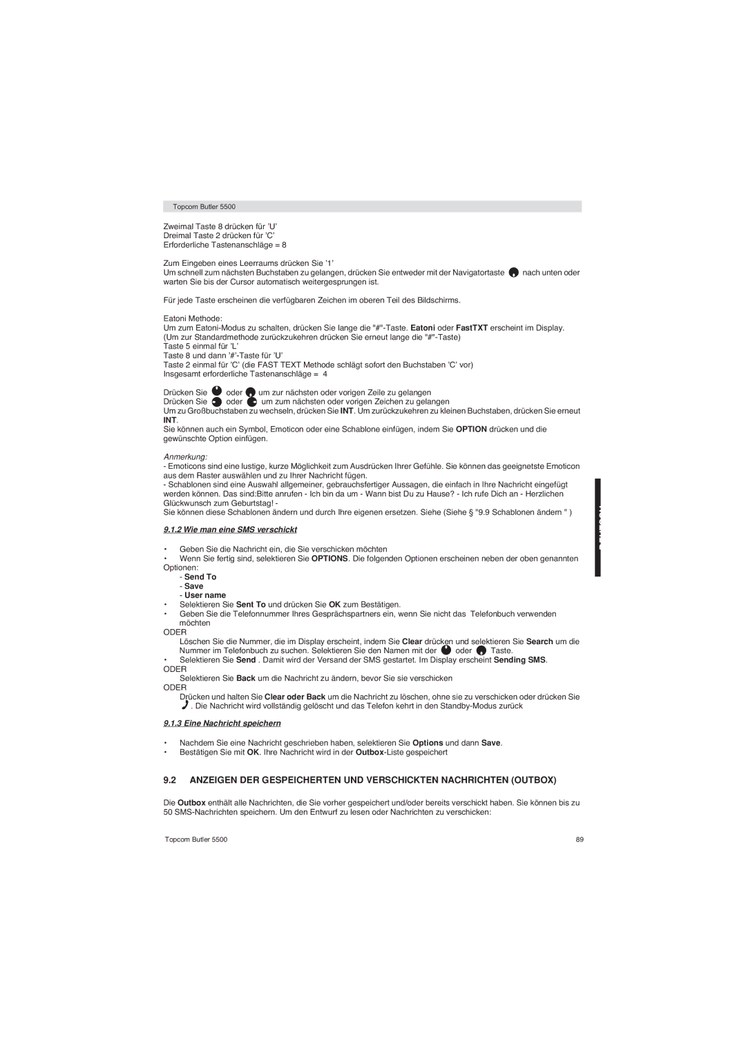 Topcom 5500 manual Wie man eine SMS verschickt, Eine Nachricht speichern 