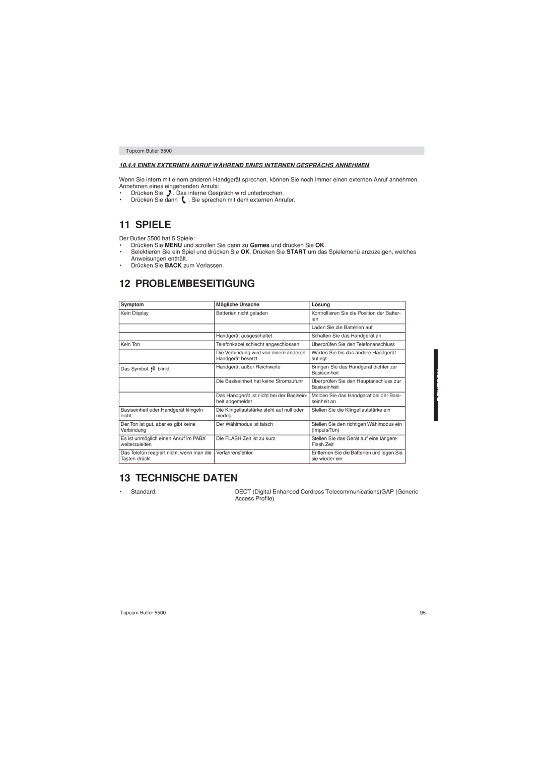 Topcom 5500 manual Spiele, Problembeseitigung, Technische Daten 