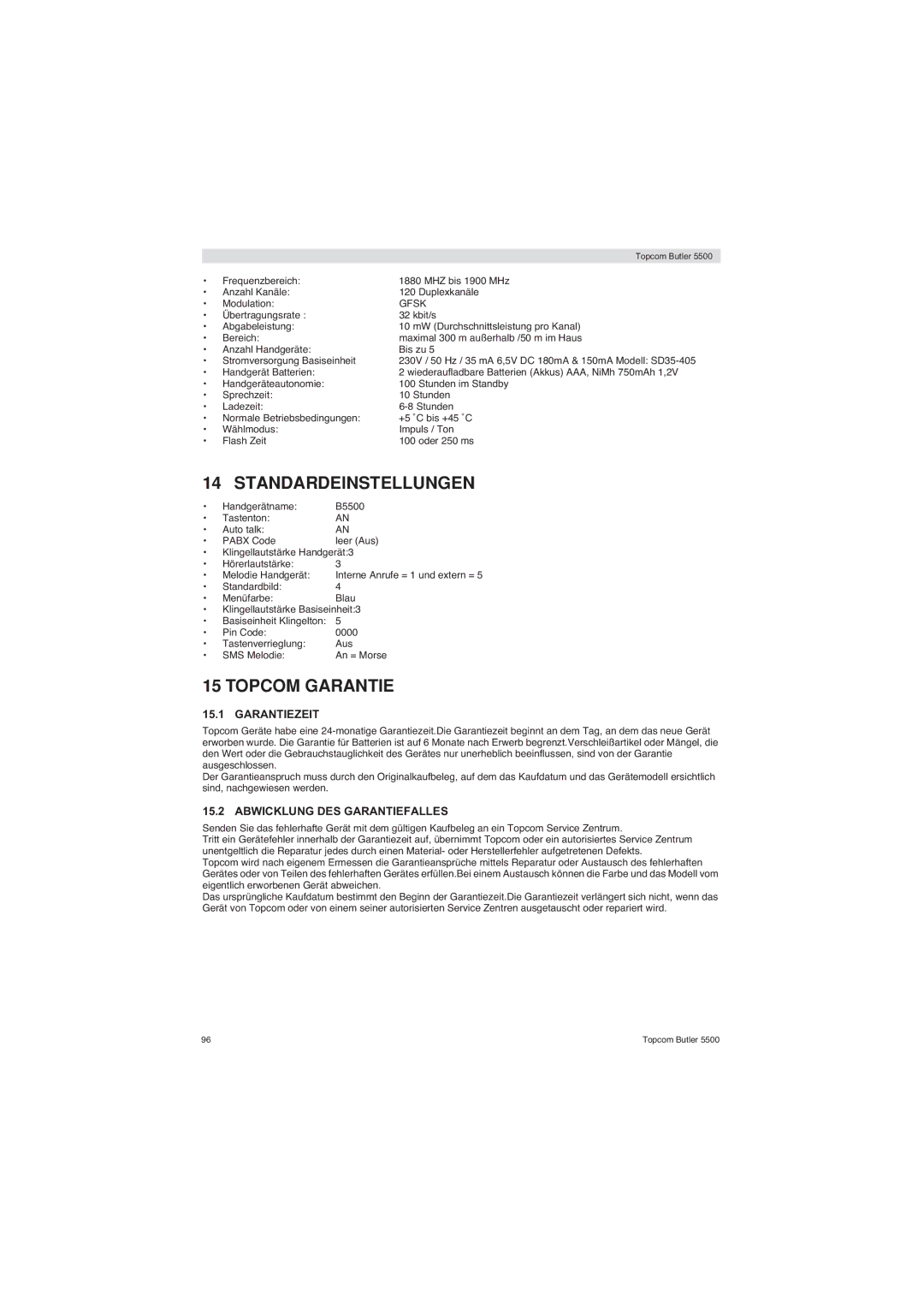 Topcom 5500 manual Garantiezeit, Abwicklung DES Garantiefalles, Handgerät Batterien 