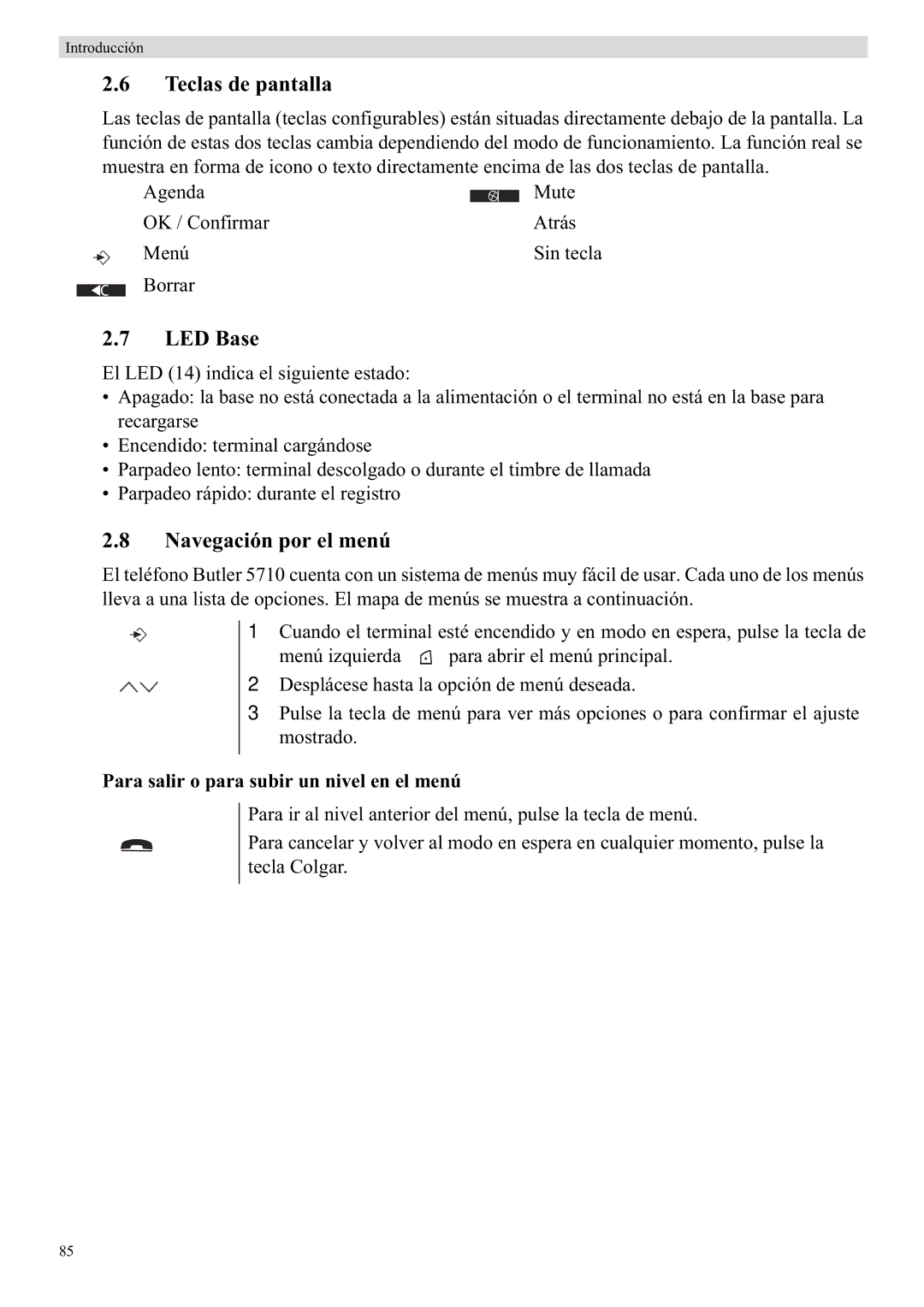 Topcom 5710 manual Teclas de pantalla, LED Base, Navegación por el menú, Para salir o para subir un nivel en el menú 