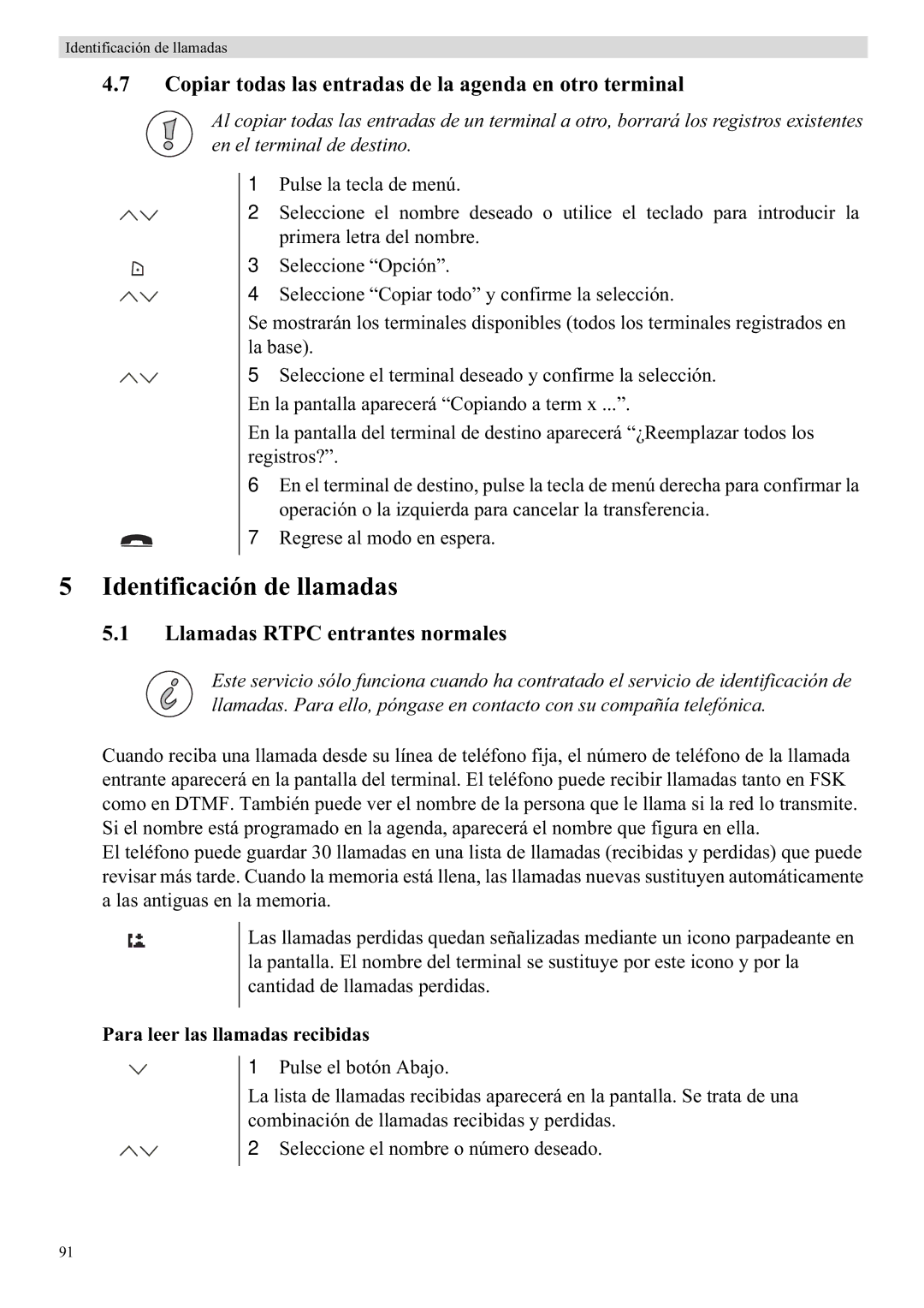 Topcom 5710 manual Identificación de llamadas, Copiar todas las entradas de la agenda en otro terminal 