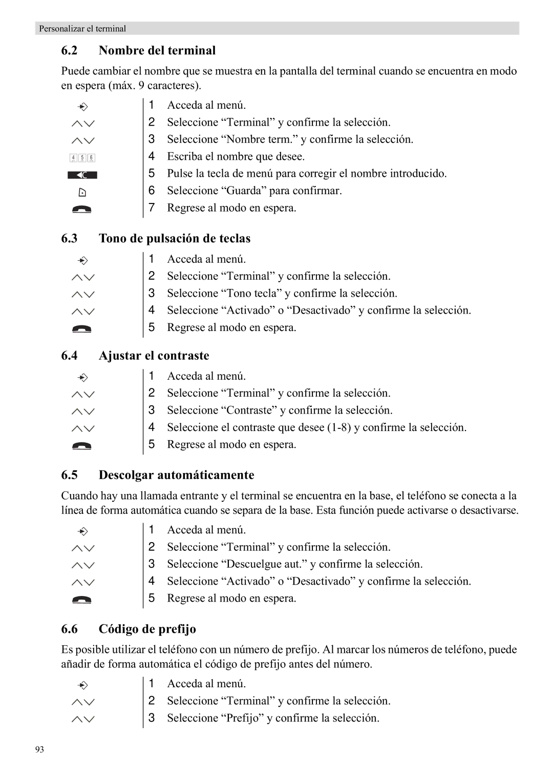 Topcom 5710 manual Nombre del terminal, Tono de pulsación de teclas, Ajustar el contraste, Descolgar automáticamente 