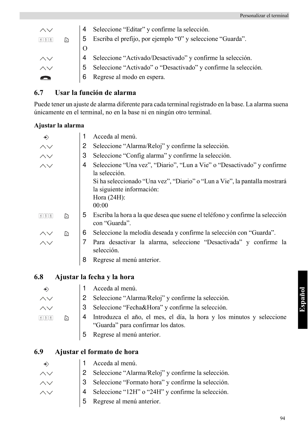 Topcom 5710 manual Usar la función de alarma, Ajustar la fecha y la hora, Ajustar el formato de hora, Ajustar la alarma 