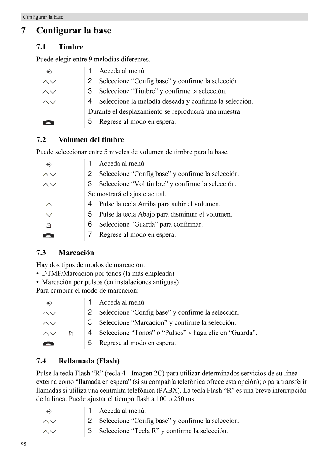 Topcom 5710 manual Configurar la base, Timbre, Volumen del timbre, Marcación, Rellamada Flash 
