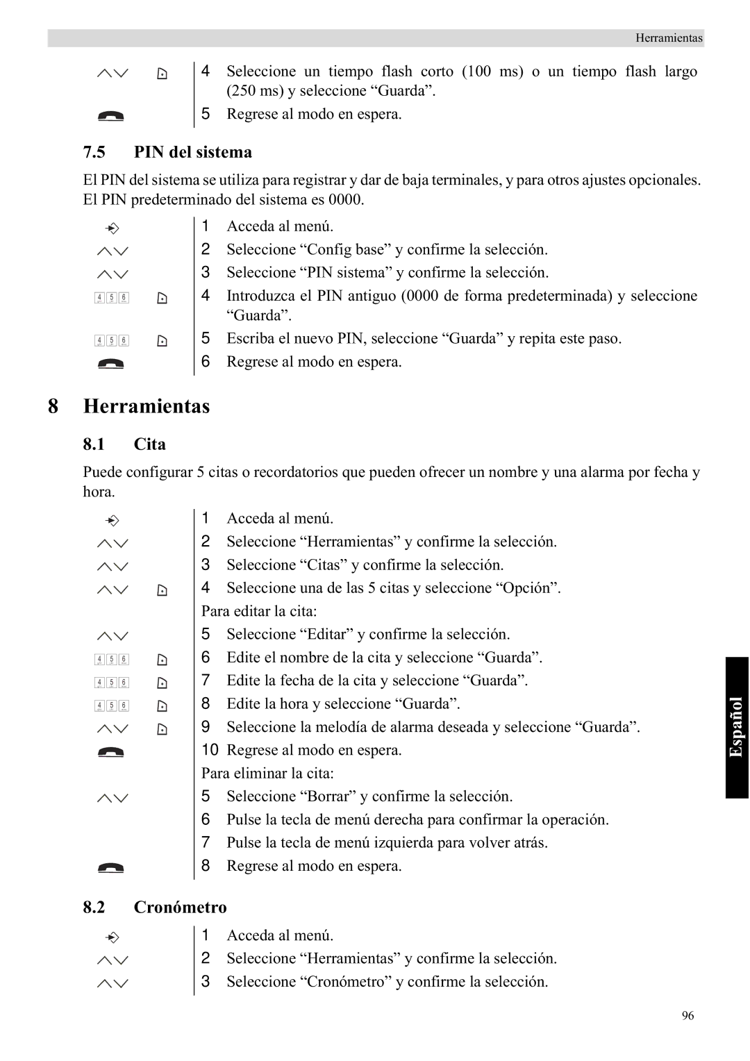 Topcom 5710 manual Herramientas, PIN del sistema, Cita, Cronómetro 