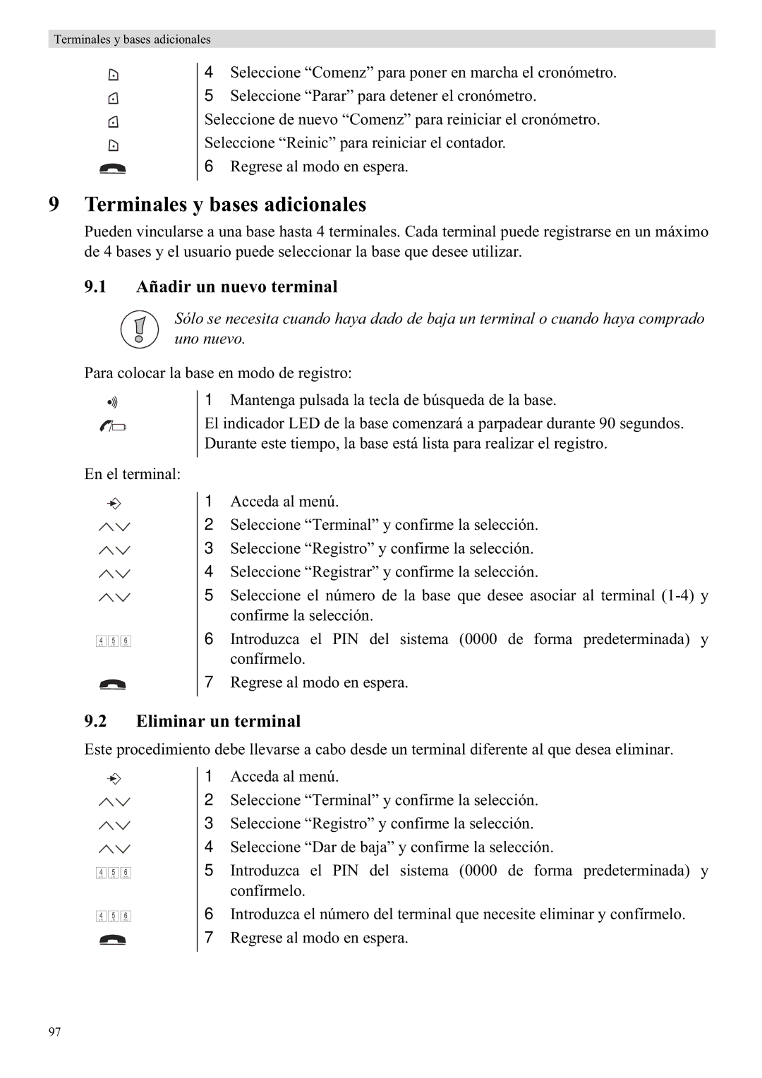 Topcom 5710 manual Terminales y bases adicionales, Añadir un nuevo terminal, Eliminar un terminal 