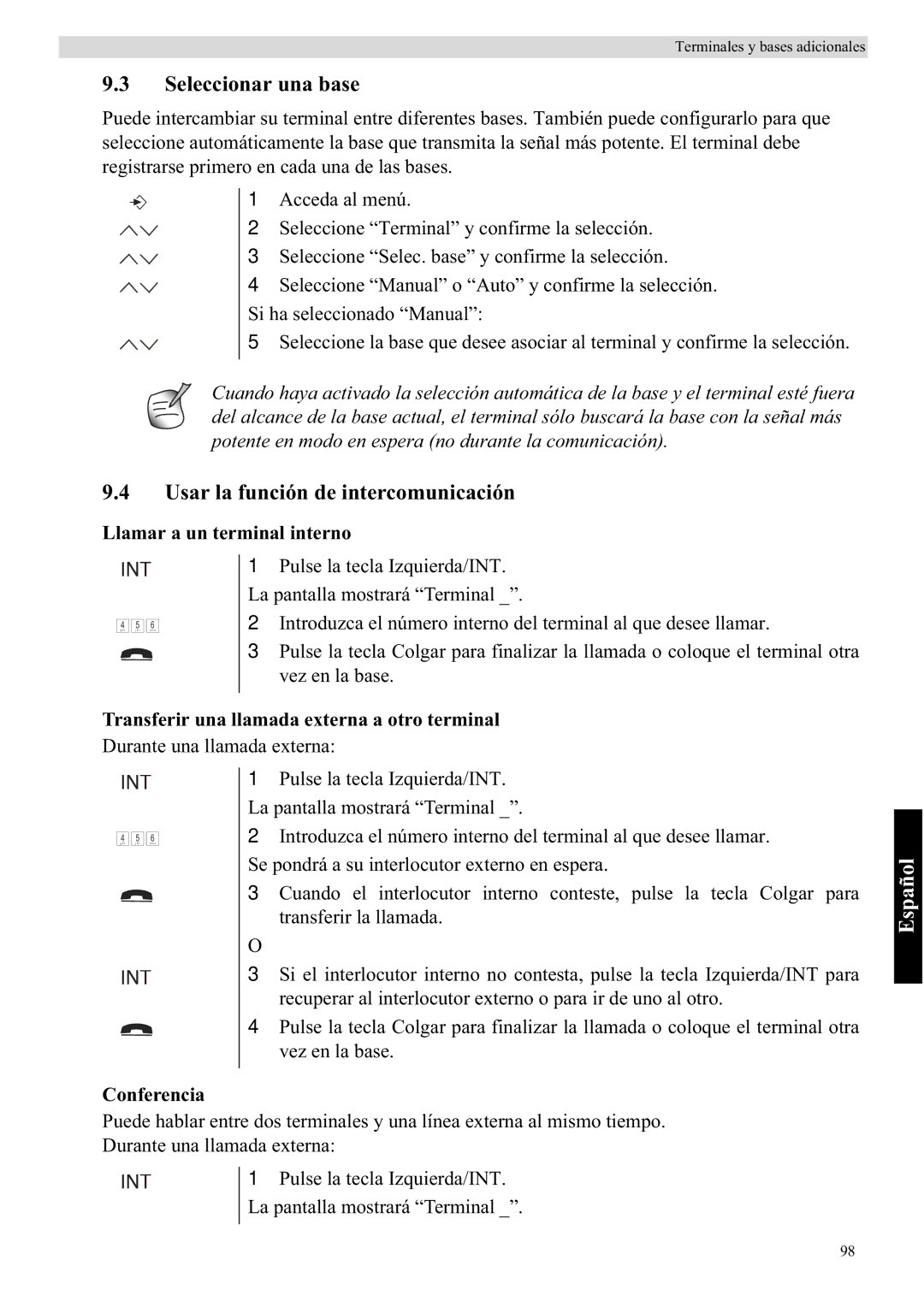 Topcom 5710 manual Seleccionar una base, Usar la función de intercomunicación, Llamar a un terminal interno, Conferencia 