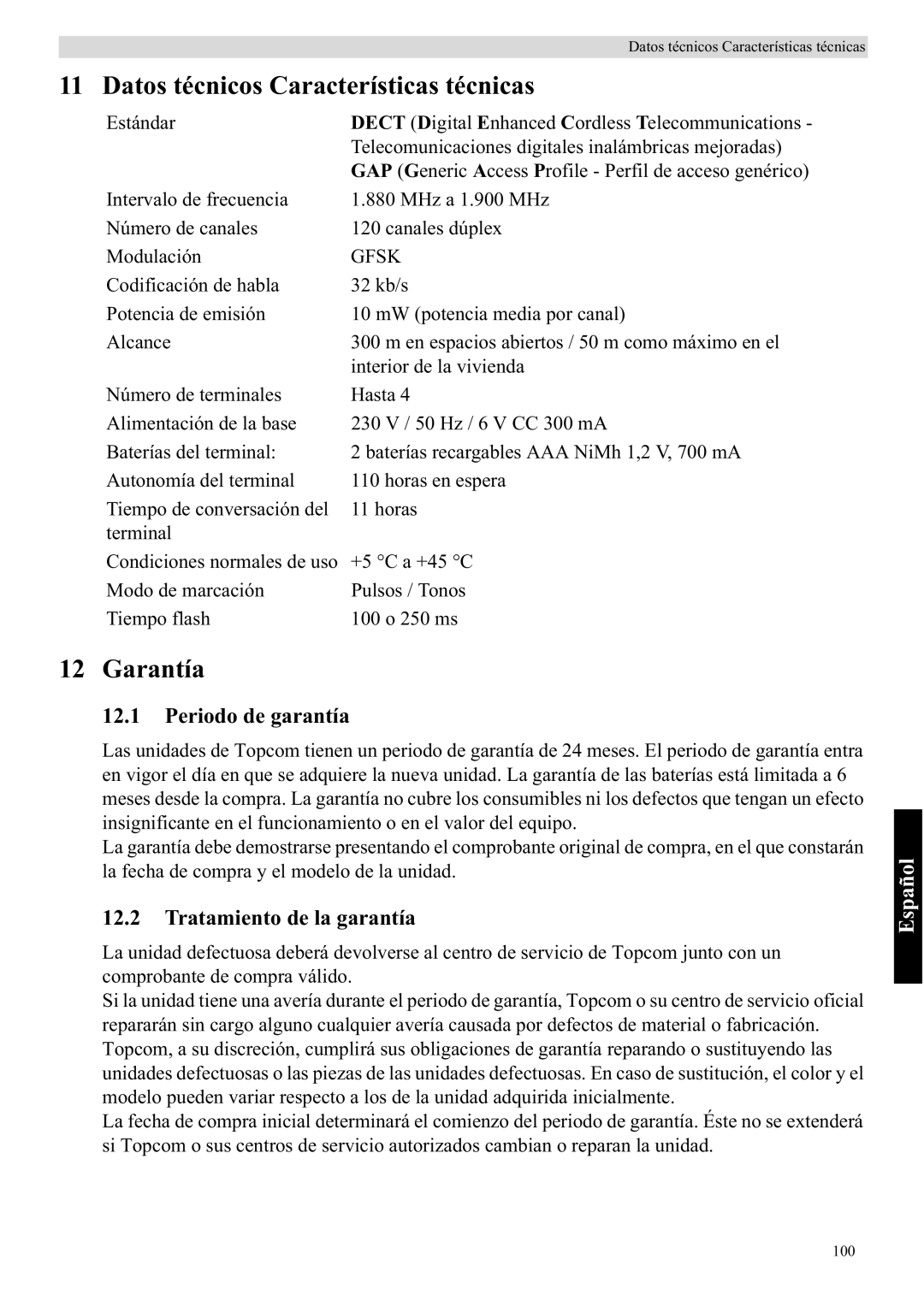 Topcom 5710 manual Datos técnicos Características técnicas, Garantía, Periodo de garantía, Tratamiento de la garantía 