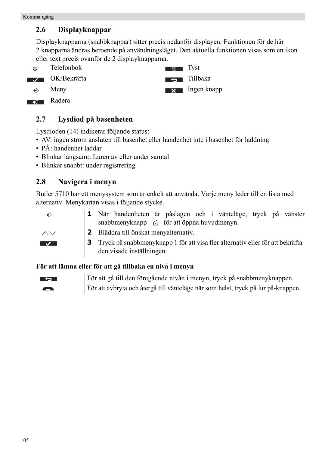 Topcom 5710 manual Displayknappar, Navigera i menyn, För att lämna eller för att gå tillbaka en nivå i menyn 