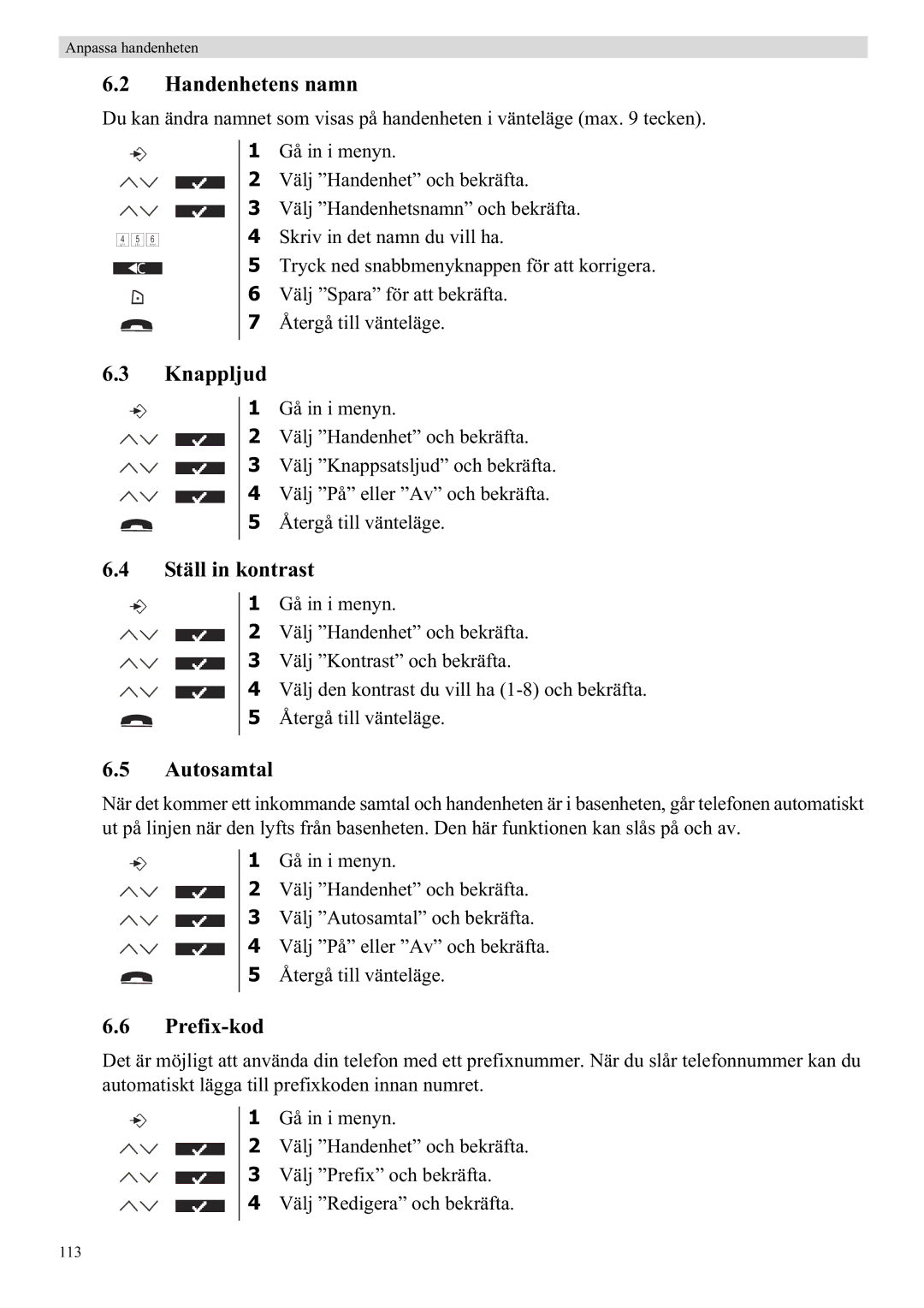 Topcom 5710 manual Handenhetens namn, Knappljud, Ställ in kontrast, Autosamtal, Prefix-kod 