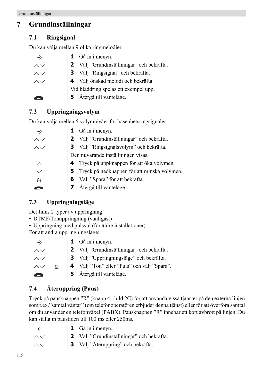 Topcom 5710 manual Grundinställningar, Ringsignal, Uppringningsvolym, Uppringningsläge, Återuppring Paus 