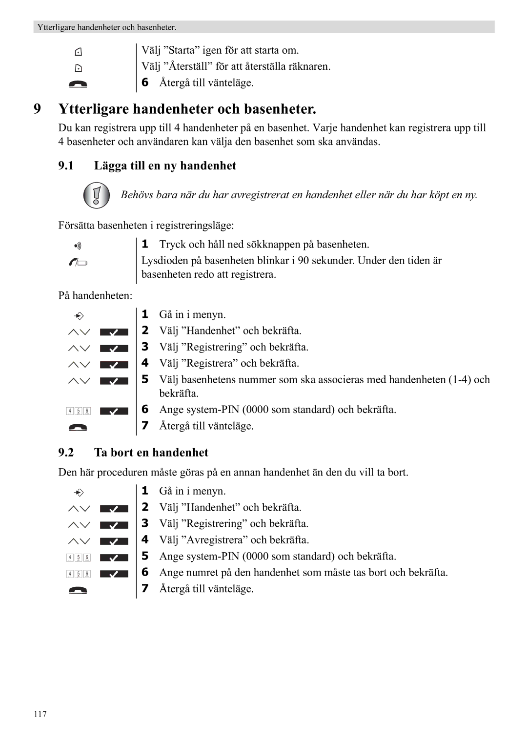 Topcom 5710 manual Ytterligare handenheter och basenheter, Lägga till en ny handenhet, Ta bort en handenhet 