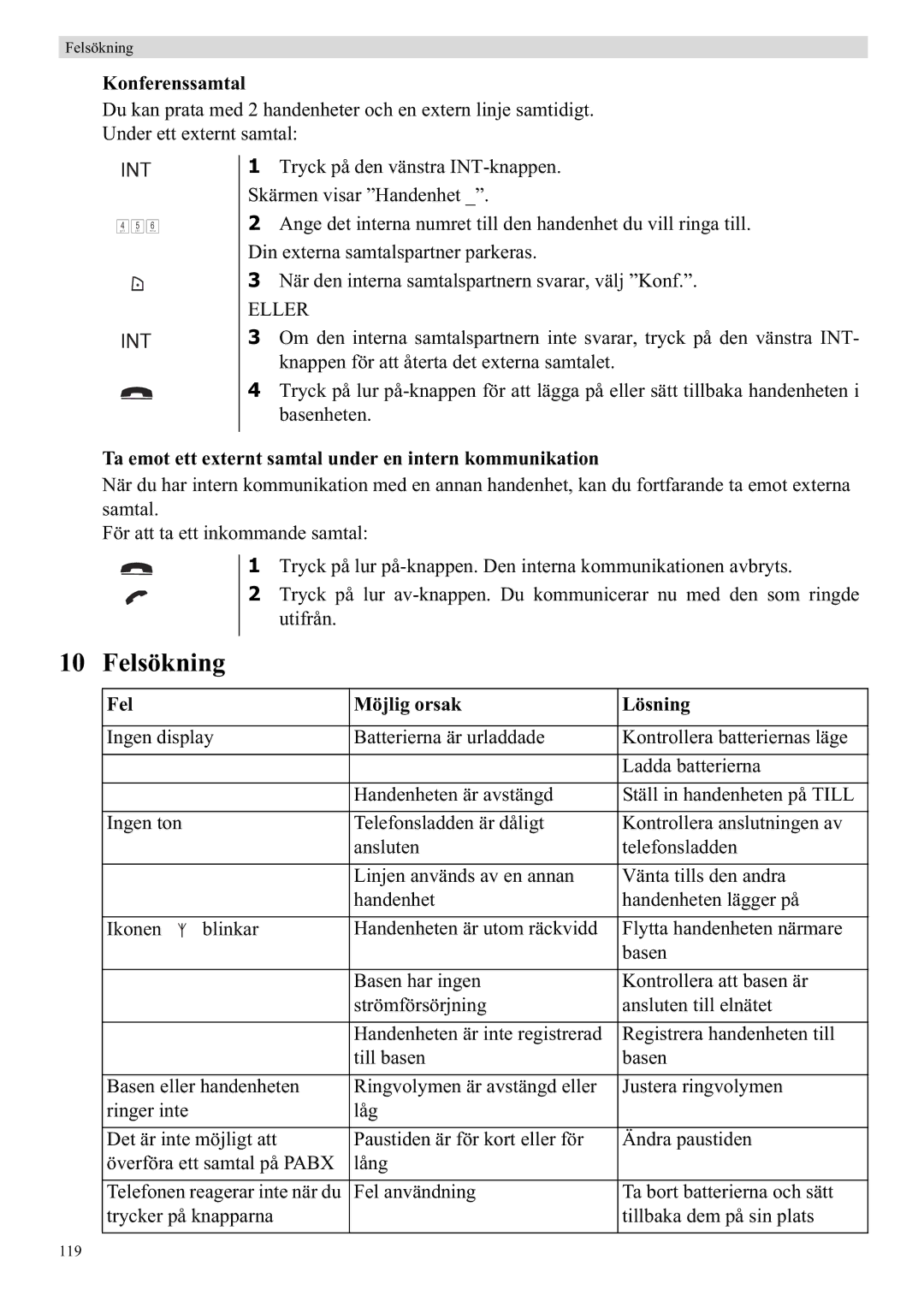 Topcom 5710 manual Felsökning, Konferenssamtal, Ta emot ett externt samtal under en intern kommunikation 