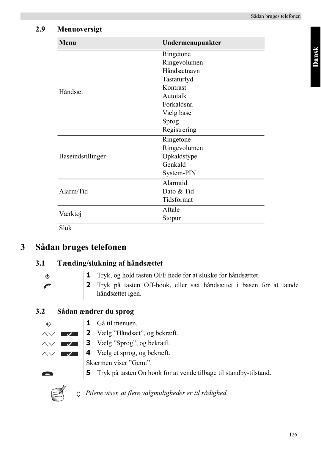 Topcom 5710 manual Sådan bruges telefonen, Menuoversigt, Tænding/slukning af håndsættet, Sådan ændrer du sprog 