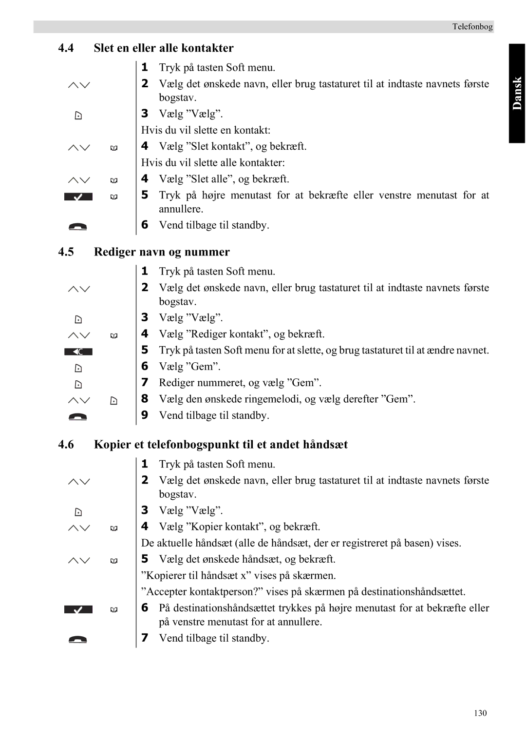 Topcom 5710 manual Slet en eller alle kontakter, Rediger navn og nummer, Kopier et telefonbogspunkt til et andet håndsæt 