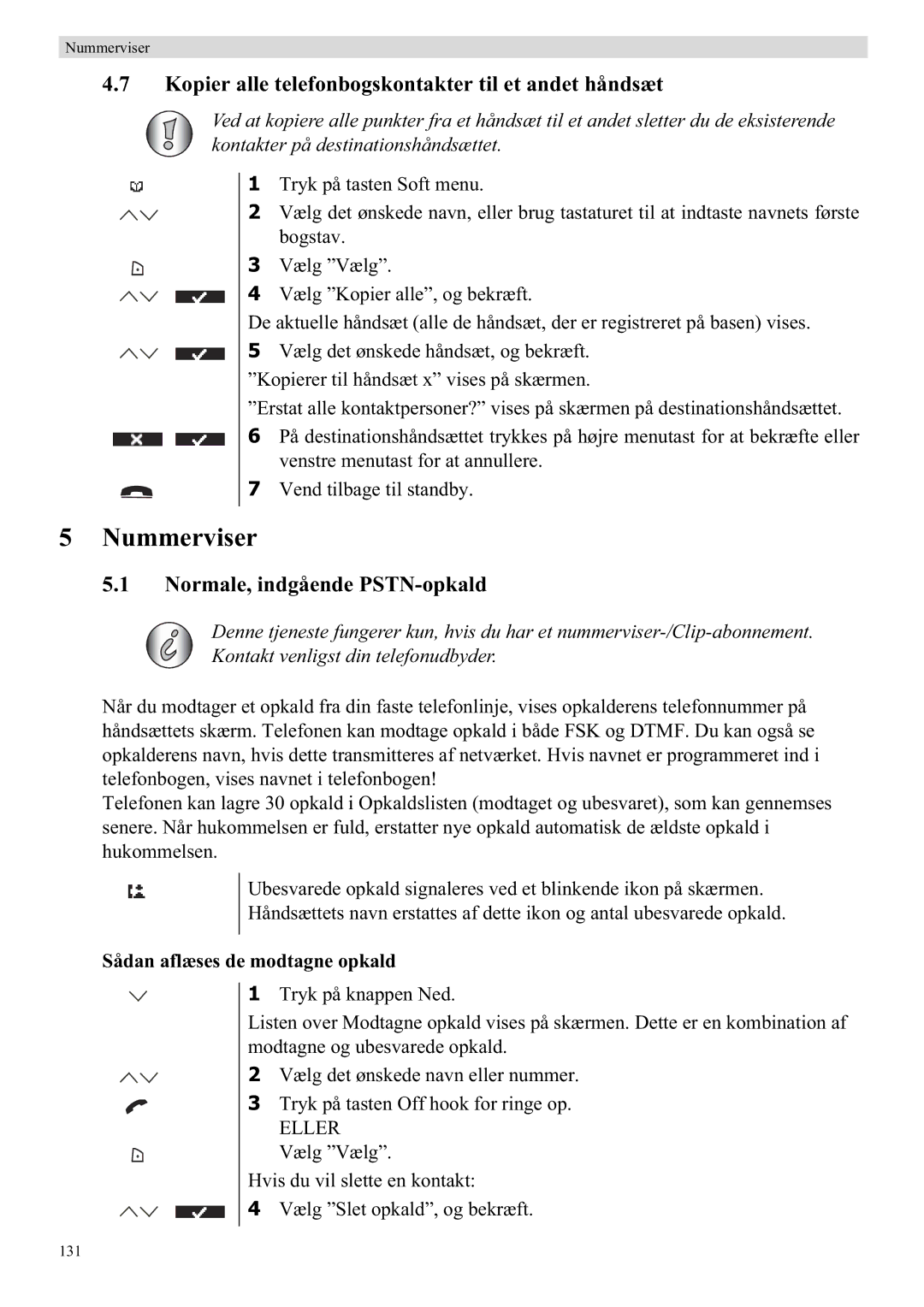 Topcom 5710 manual Nummerviser, Kopier alle telefonbogskontakter til et andet håndsæt, Normale, indgående PSTN-opkald 