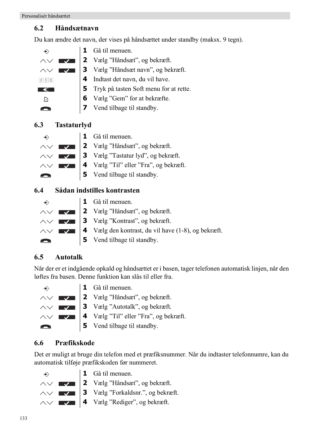 Topcom 5710 manual Håndsætnavn, Tastaturlyd, Sådan indstilles kontrasten, Præfikskode 