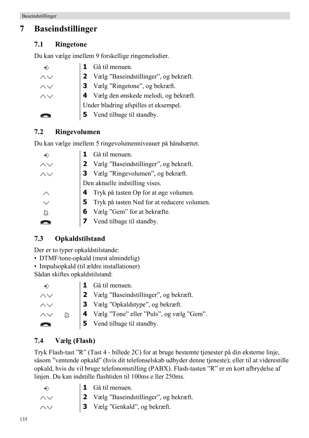 Topcom 5710 manual Baseindstillinger, Ringetone, Ringevolumen, Opkaldstilstand, Vælg Flash 