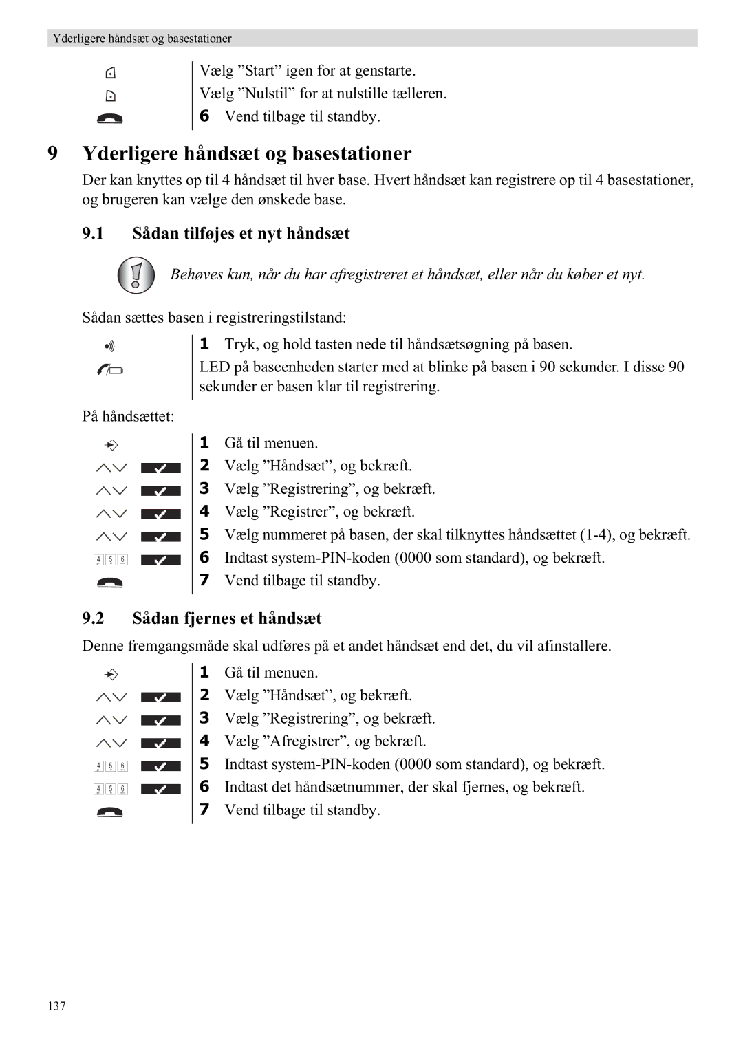 Topcom 5710 manual Yderligere håndsæt og basestationer, Sådan tilføjes et nyt håndsæt, Sådan fjernes et håndsæt 