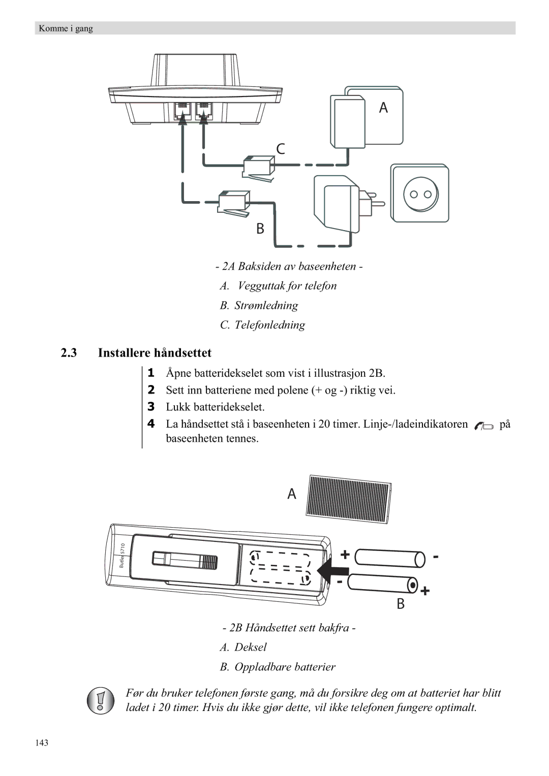 Topcom 5710 manual Installere håndsettet, 2B Håndsettet sett bakfra Deksel Oppladbare batterier 