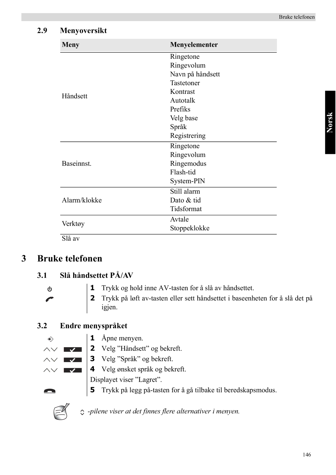 Topcom 5710 manual Bruke telefonen, Menyoversikt, Slå håndsettet PÅ/AV, Endre menyspråket, MenyMenyelementer 