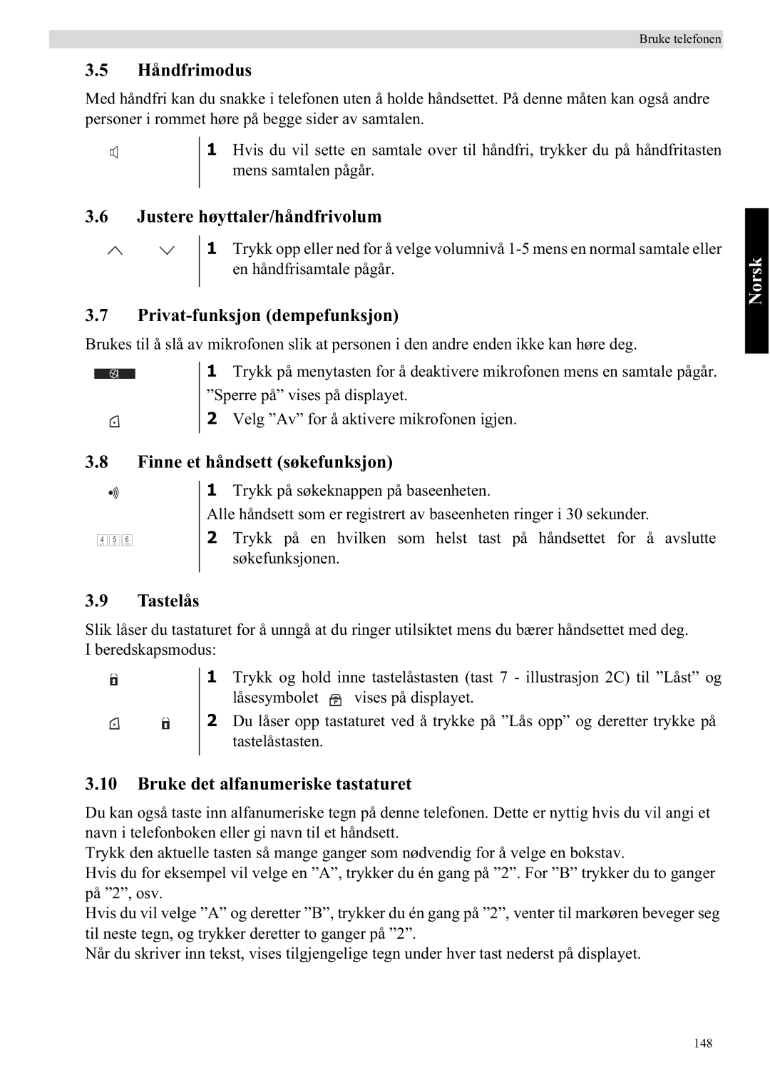 Topcom 5710 Håndfrimodus, Justere høyttaler/håndfrivolum, Privat-funksjon dempefunksjon, Finne et håndsett søkefunksjon 