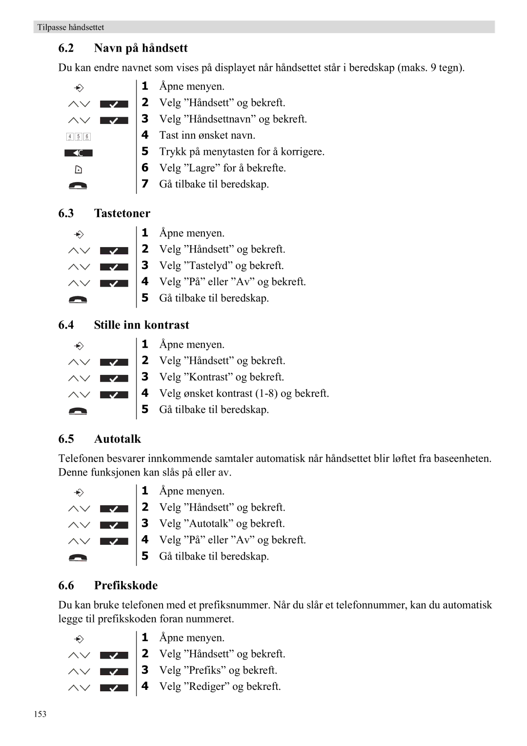 Topcom 5710 manual Navn på håndsett, Tastetoner, Stille inn kontrast, Prefikskode 