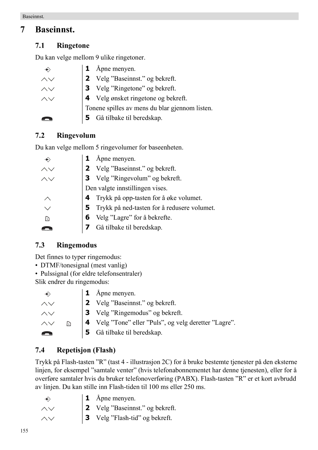Topcom 5710 manual Baseinnst, Ringevolum, Ringemodus, Repetisjon Flash 