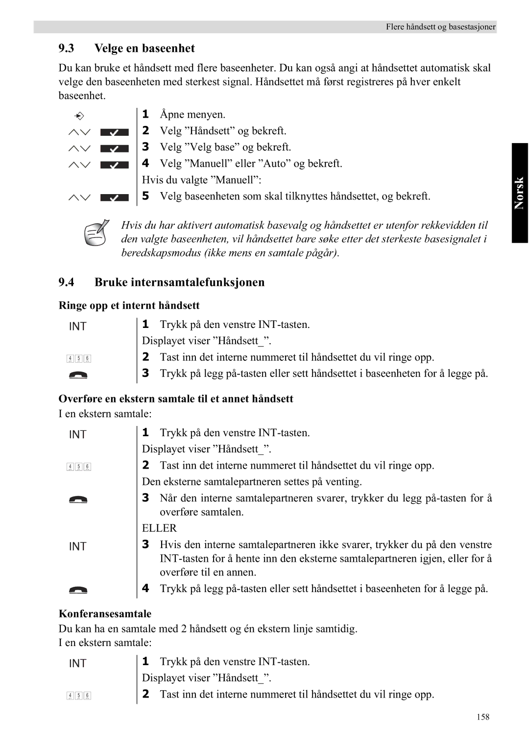 Topcom 5710 manual Velge en baseenhet, Bruke internsamtalefunksjonen, Ringe opp et internt håndsett, Konferansesamtale 