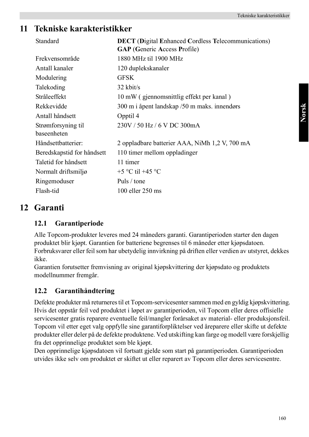 Topcom 5710 manual Tekniske karakteristikker, Garantihåndtering 