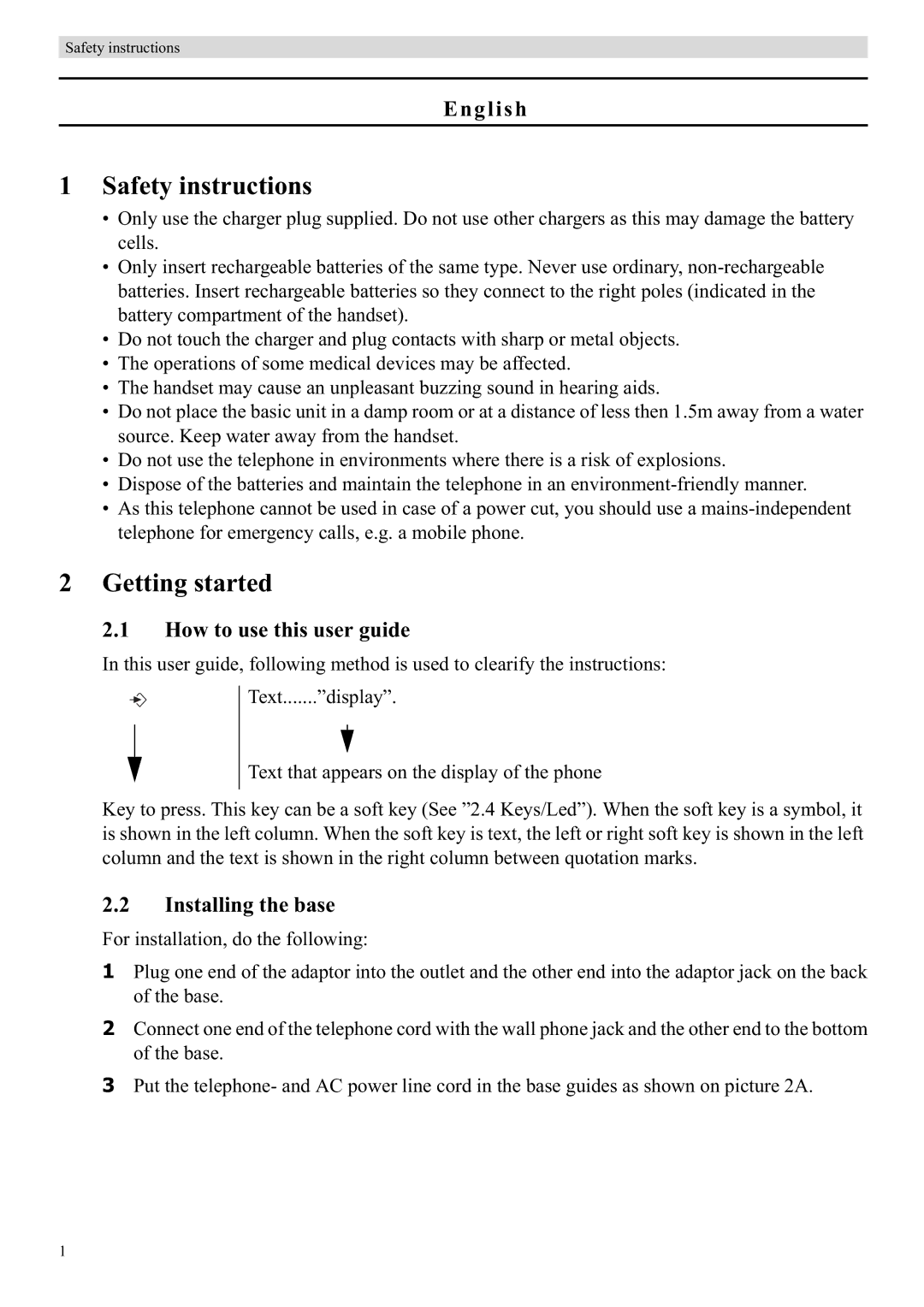 Topcom 5710 manual Safety instructions, Getting started, English, How to use this user guide, Installing the base 