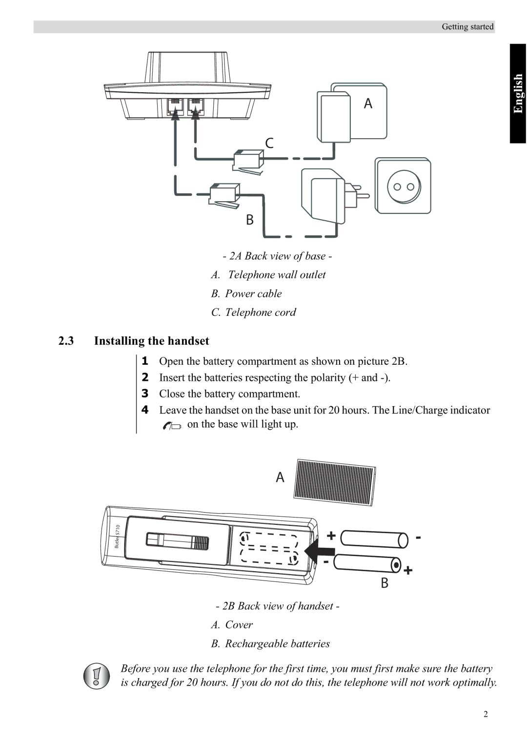 Topcom 5710 manual Installing the handset, English 