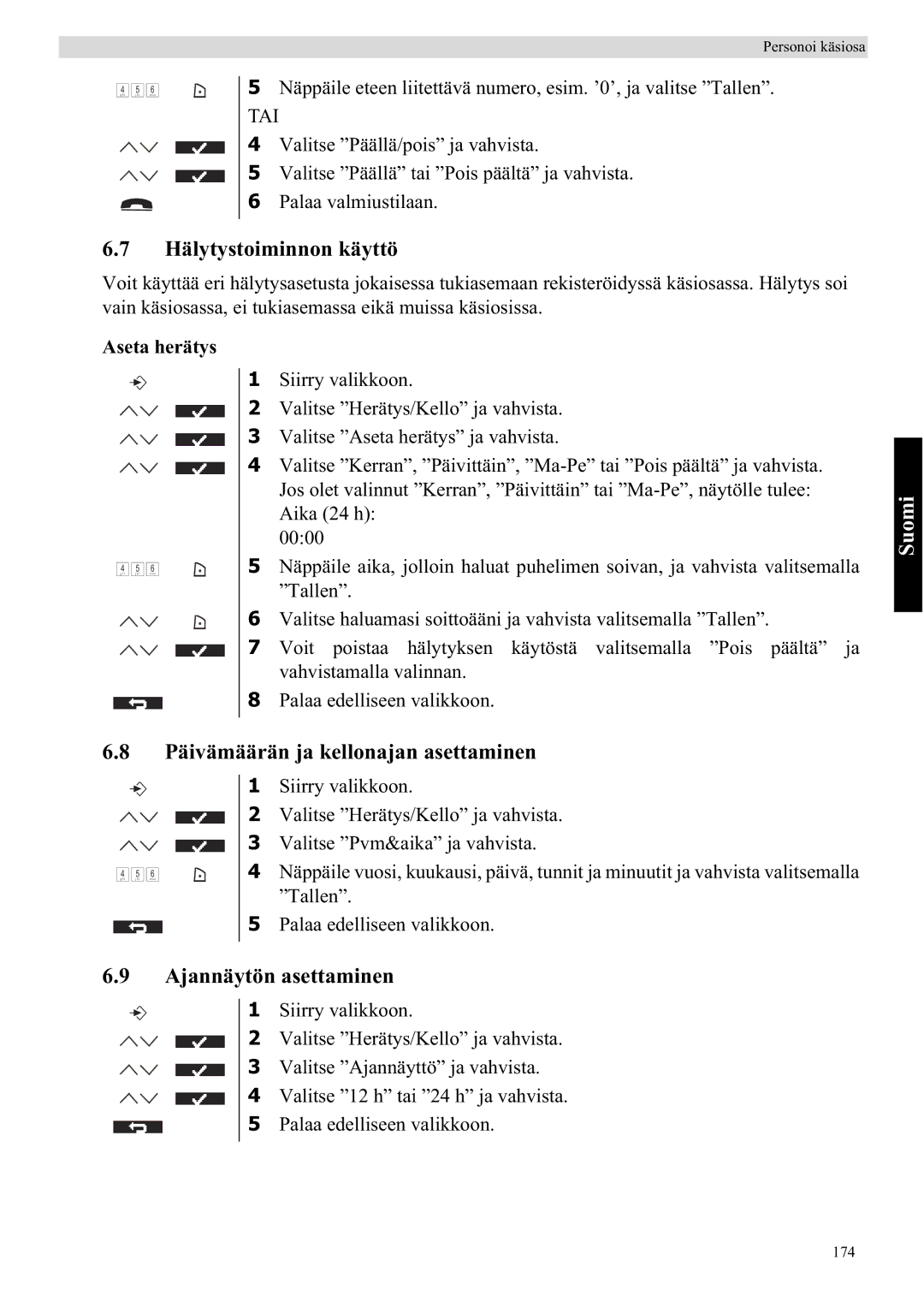 Topcom 5710 manual Hälytystoiminnon käyttö, Päivämäärän ja kellonajan asettaminen, Ajannäytön asettaminen, Aseta herätys 