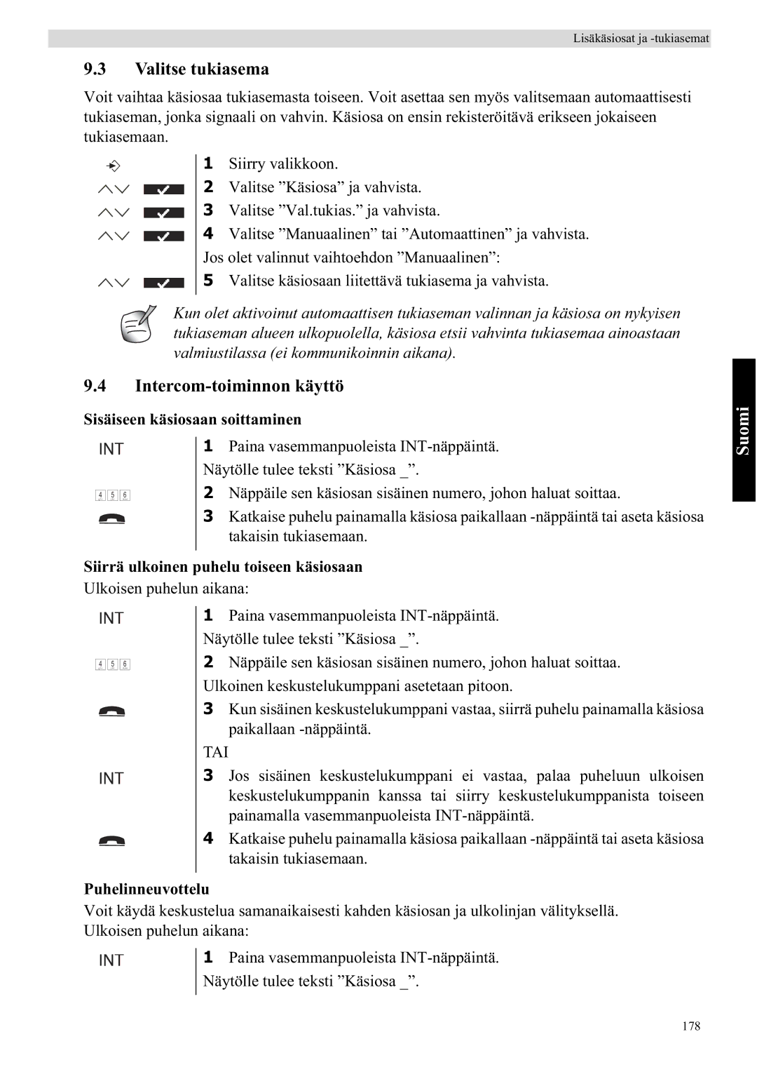 Topcom 5710 manual Valitse tukiasema, Intercom-toiminnon käyttö, Sisäiseen käsiosaan soittaminen, Puhelinneuvottelu 