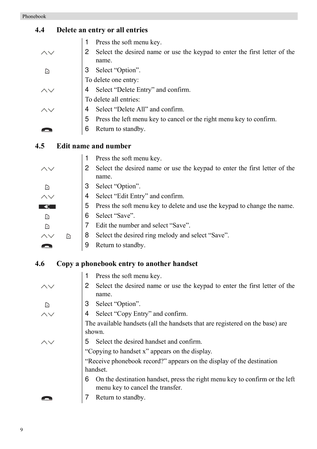 Topcom 5710 manual Delete an entry or all entries, Edit name and number, Copy a phonebook entry to another handset 