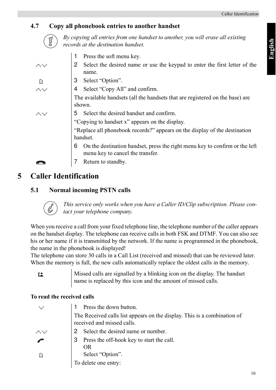 Topcom 5710 manual Caller Identification, Copy all phonebook entries to another handset, Normal incoming Pstn calls 