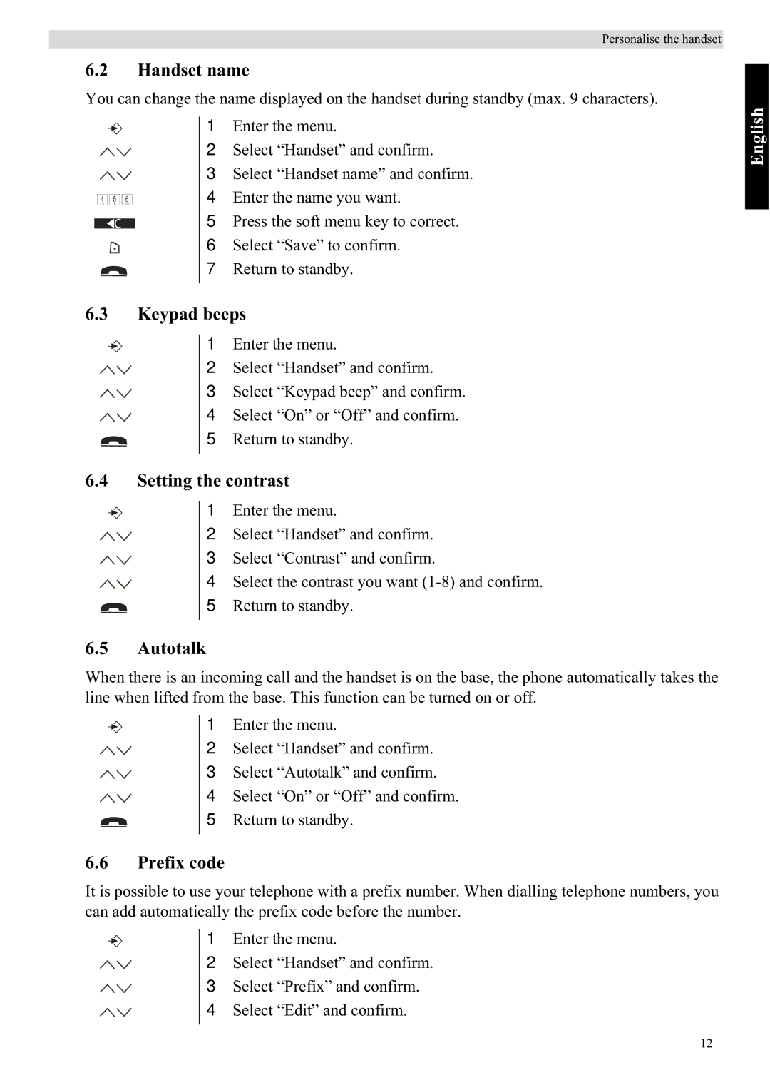Topcom 5710 manual Handset name, Keypad beeps, Setting the contrast, Autotalk, Prefix code 