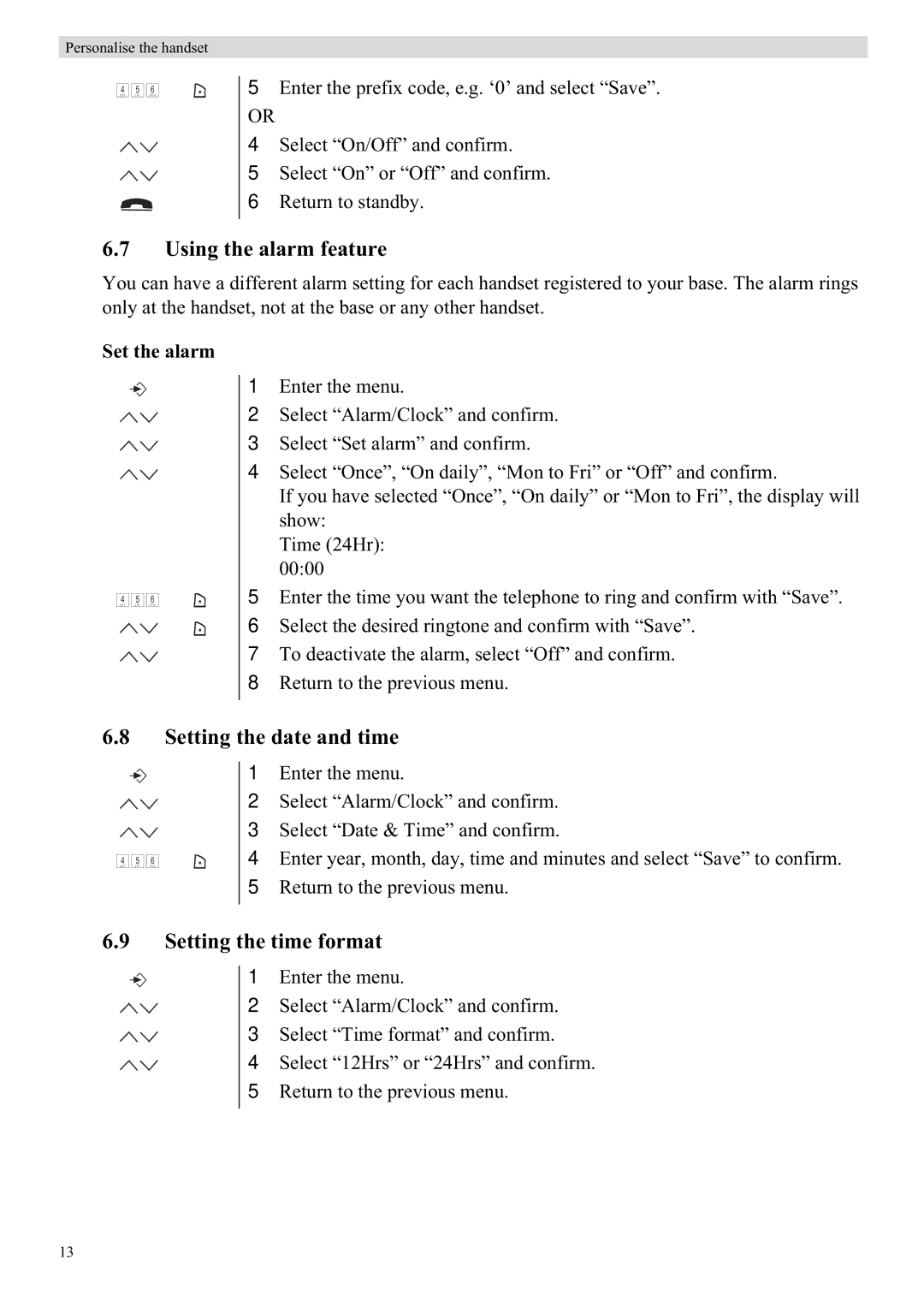 Topcom 5710 manual Using the alarm feature, Setting the date and time, Setting the time format, Set the alarm 