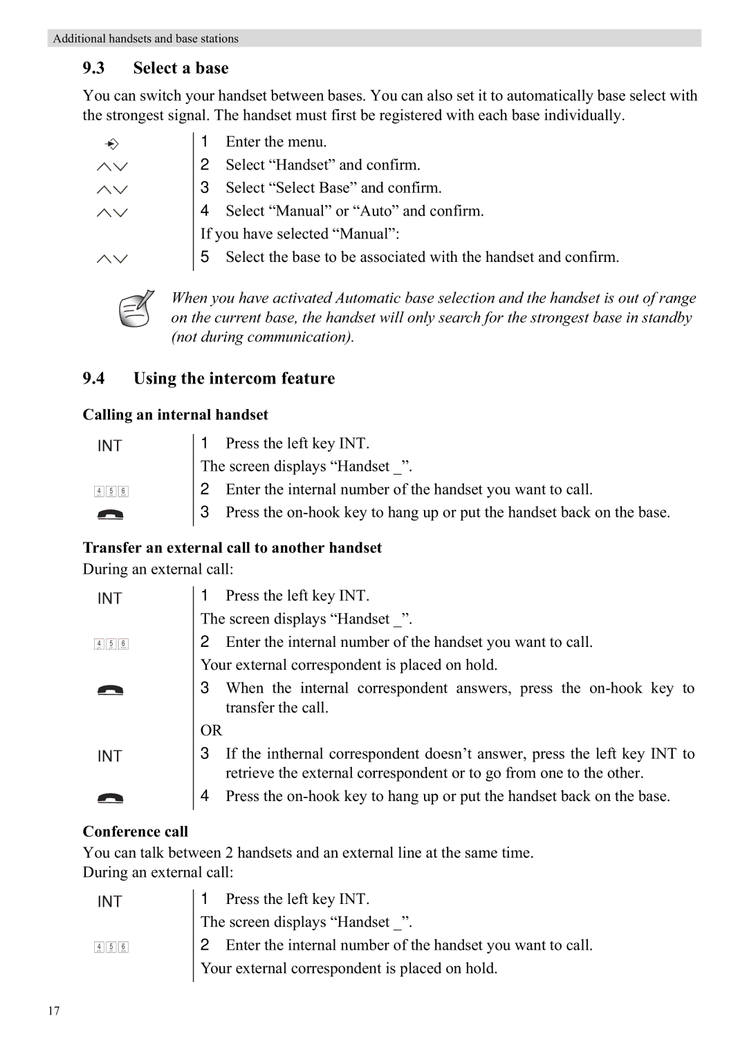 Topcom 5710 manual Select a base, Using the intercom feature, Calling an internal handset, Conference call 