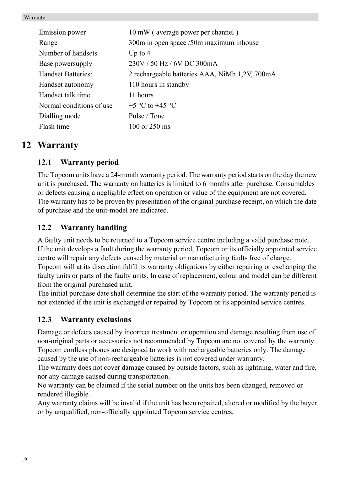 Topcom 5710 manual Warranty period, Warranty handling, Warranty exclusions 