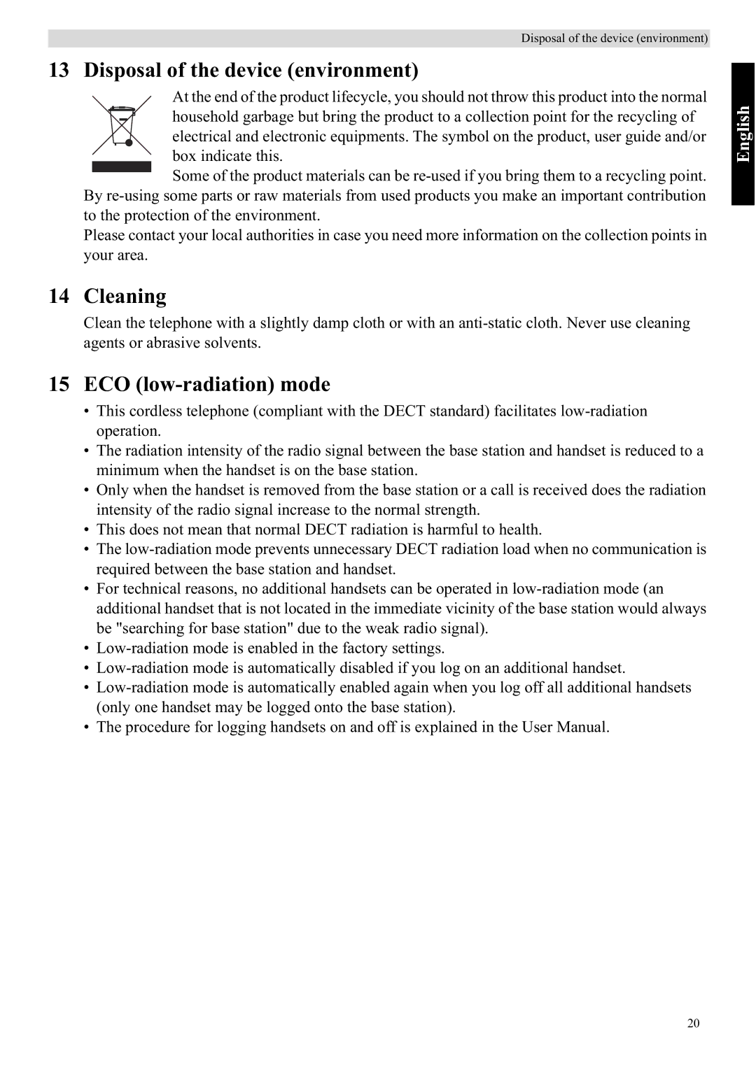 Topcom 5710 manual Disposal of the device environment, Cleaning, ECO low-radiation mode 