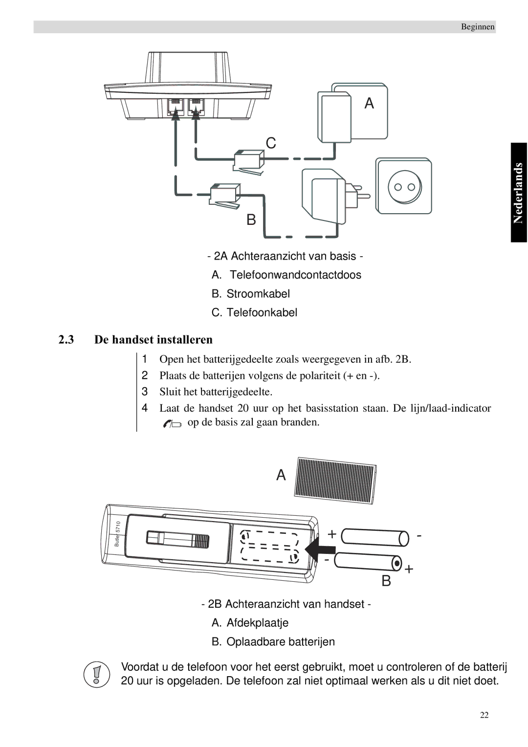 Topcom 5710 manual De handset installeren, Nederlands 