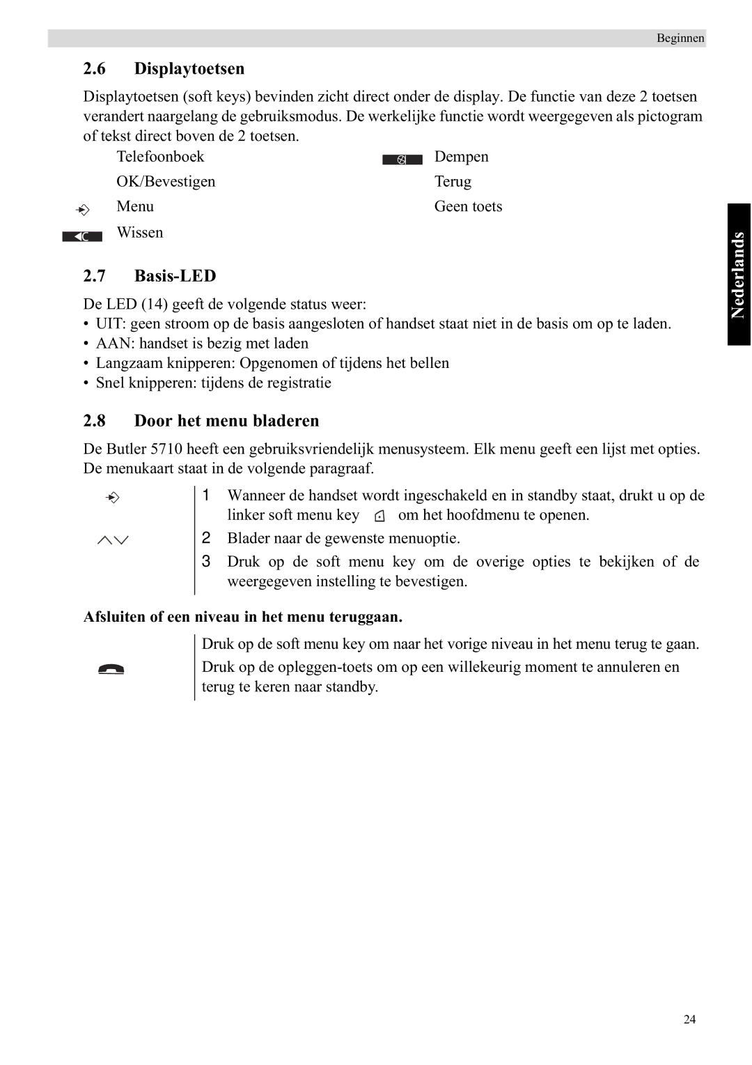 Topcom 5710 manual Displaytoetsen, Basis-LED, Door het menu bladeren, Afsluiten of een niveau in het menu teruggaan 