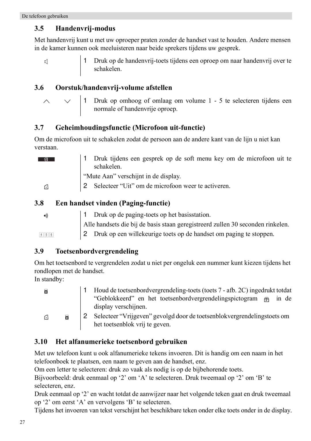 Topcom 5710 manual Handenvrij-modus, Oorstuk/handenvrij-volume afstellen, Geheimhoudingsfunctie Microfoon uit-functie 