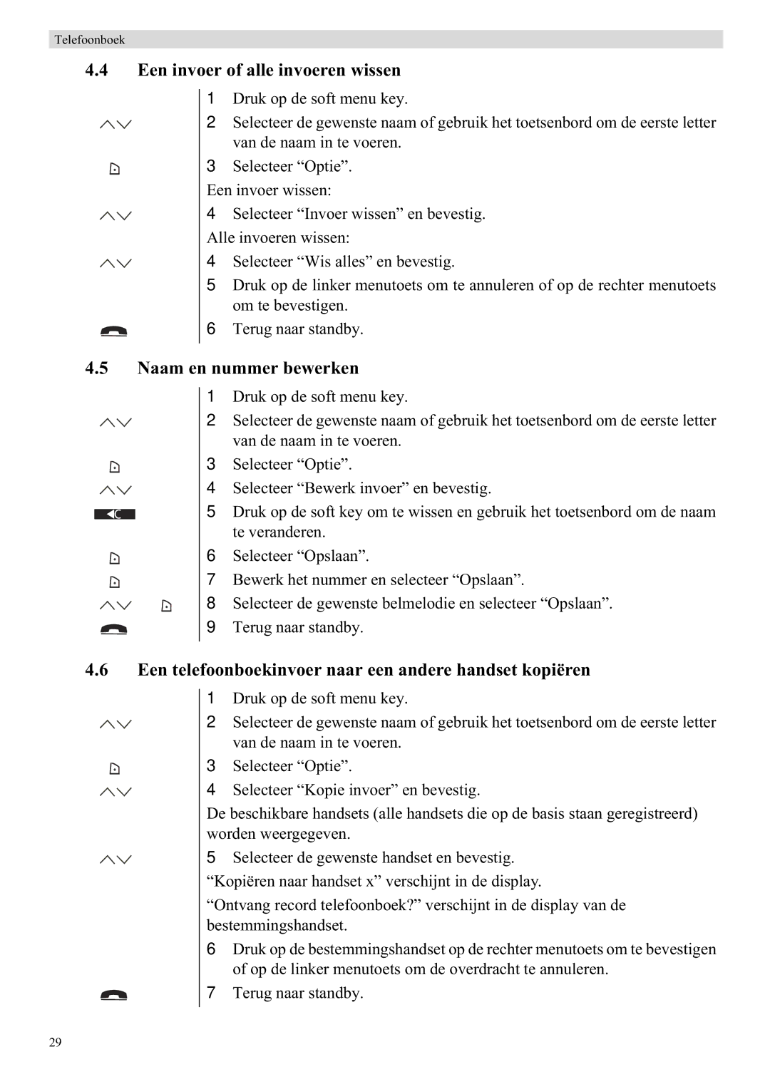 Topcom 5710 manual Een invoer of alle invoeren wissen, Naam en nummer bewerken 