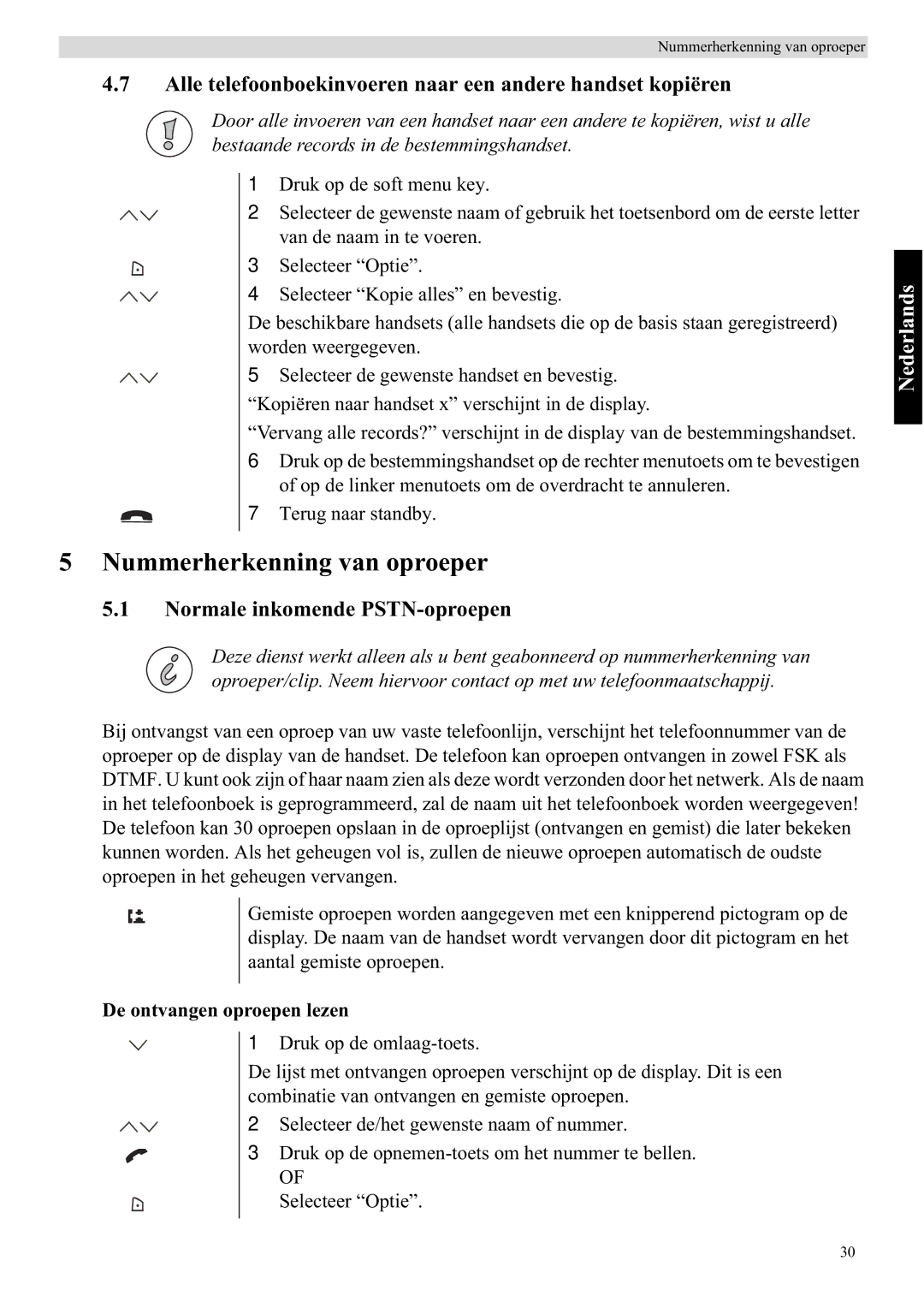 Topcom 5710 manual Nummerherkenning van oproeper, Alle telefoonboekinvoeren naar een andere handset kopiëren 