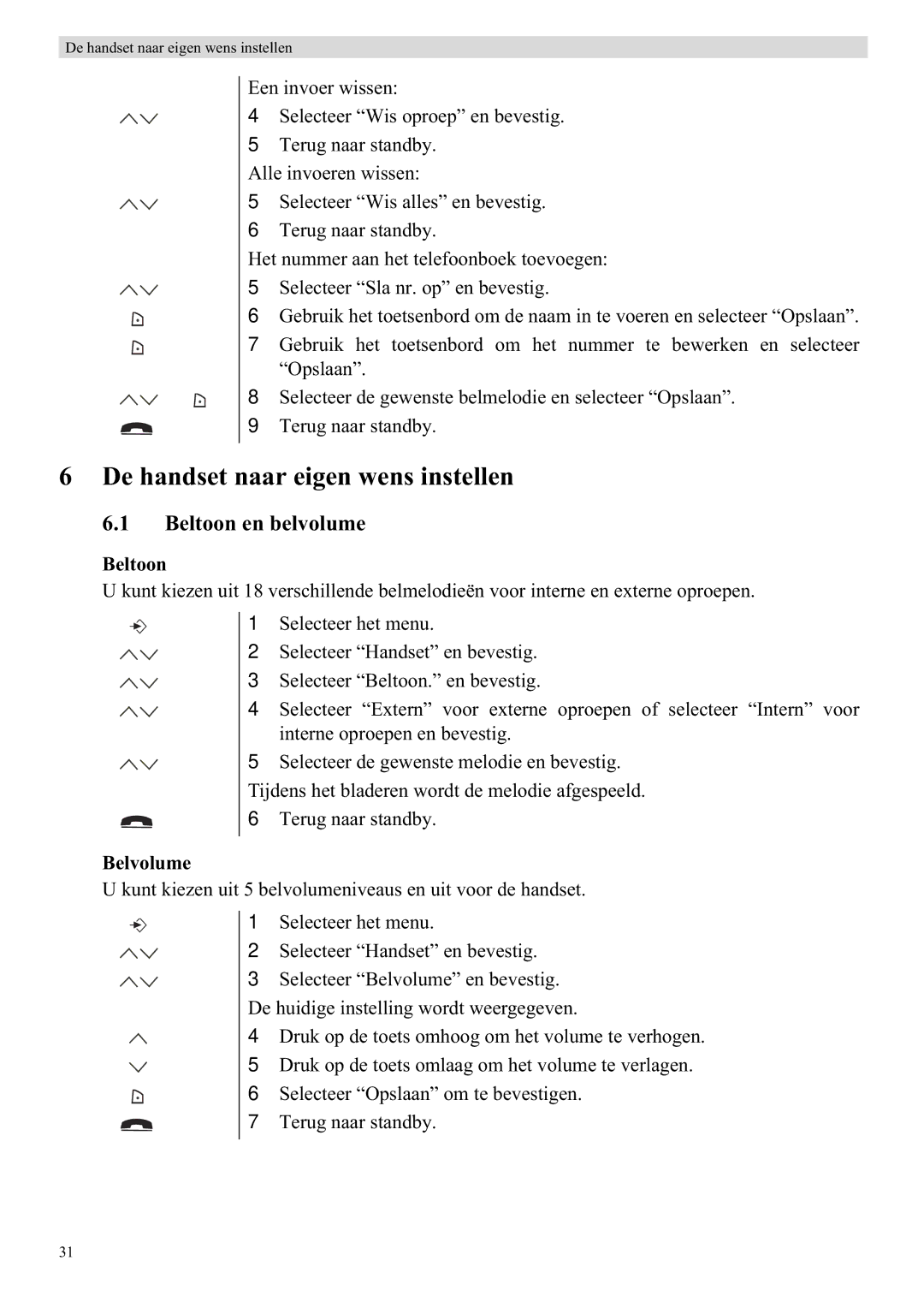 Topcom 5710 manual De handset naar eigen wens instellen, Beltoon en belvolume, Belvolume 