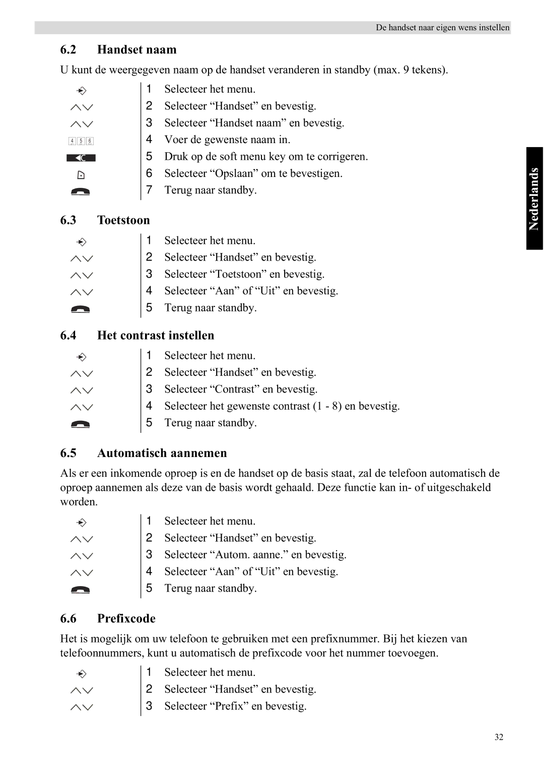 Topcom 5710 manual Handset naam, Toetstoon, Het contrast instellen, Automatisch aannemen, Prefixcode 