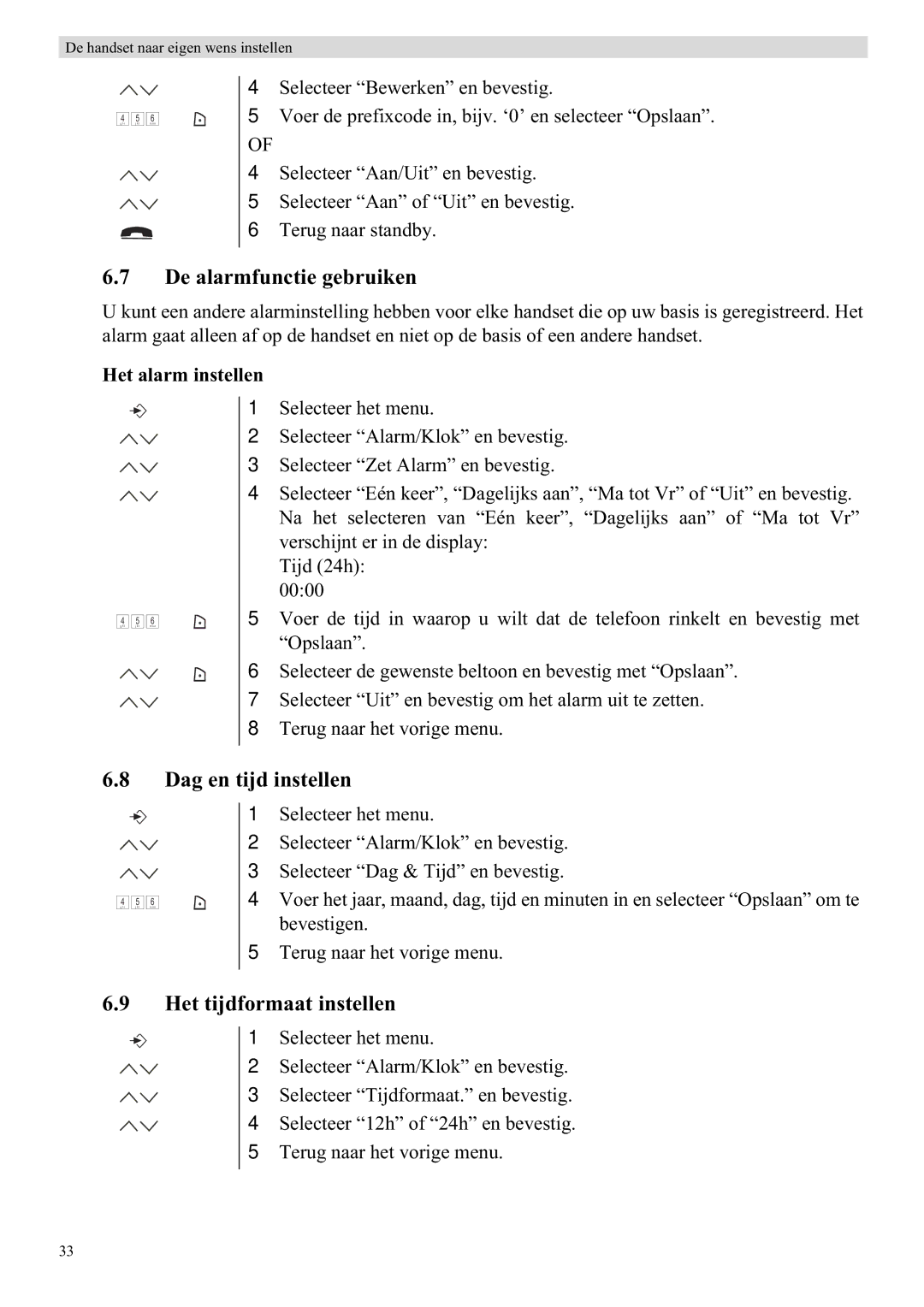 Topcom 5710 manual De alarmfunctie gebruiken, Dag en tijd instellen, Het tijdformaat instellen, Het alarm instellen 